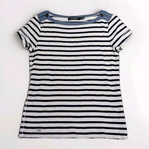 Ralph Lauren LRL Top Womens L White Navy Striped Zip Shoulders Nautical Coastal
